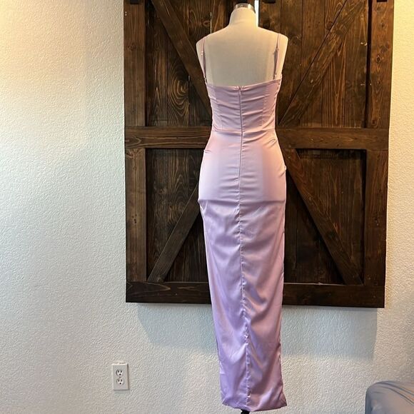 NWT Satin Dress Spaghetti Strap Backless Ruched Bodycon Split Maxi Elegant Dress - Picture 8 of 13
